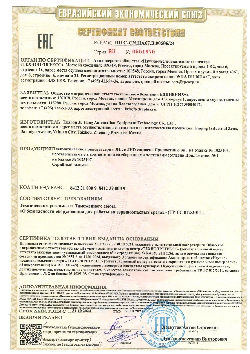 Produsele pneumatice ale actuatorului Juhang au trecut cu succes certificarea EAC